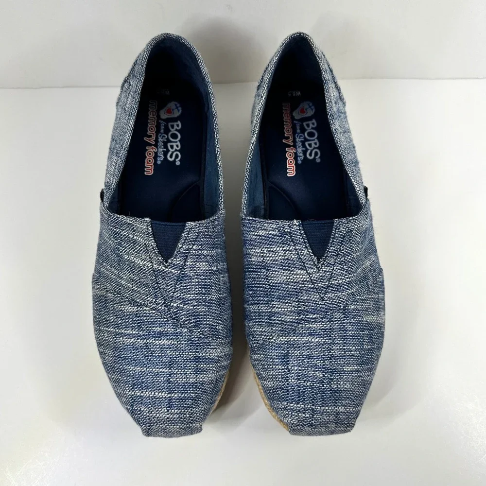 BOBS from Skechers Highlights Blue Woven Espadrille Platform Slip On Shoes 8.5